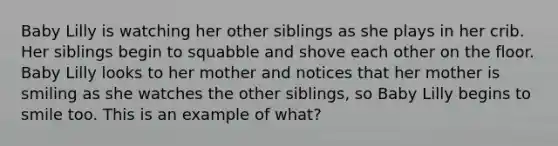 Baby Lilly is watching her other siblings as she plays in her crib. Her siblings begin to squabble and shove each other on the floor. Baby Lilly looks to her mother and notices that her mother is smiling as she watches the other siblings, so Baby Lilly begins to smile too. This is an example of what?