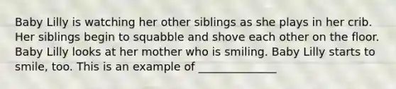 Baby Lilly is watching her other siblings as she plays in her crib. Her siblings begin to squabble and shove each other on the floor. Baby Lilly looks at her mother who is smiling. Baby Lilly starts to smile, too. This is an example of ______________