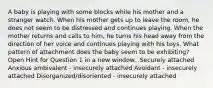 A baby is playing with some blocks while his mother and a stranger watch. When his mother gets up to leave the room, he does not seem to be distressed and continues playing. When the mother returns and calls to him, he turns his head away from the direction of her voice and continues playing with his toys. What pattern of attachment does the baby seem to be exhibiting? Open Hint for Question 1 in a new window. .Securely attached Anxious ambivalent - insecurely attached Avoidant - insecurely attached Disorganized/disoriented - insecurely attached