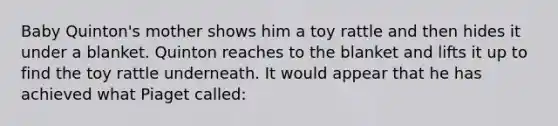 Baby Quinton's mother shows him a toy rattle and then hides it under a blanket. Quinton reaches to the blanket and lifts it up to find the toy rattle underneath. It would appear that he has achieved what Piaget called: