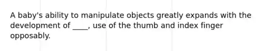 A baby's ability to manipulate objects greatly expands with the development of ____, use of the thumb and index finger opposably.