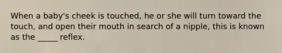 When a baby's cheek is touched, he or she will turn toward the touch, and open their mouth in search of a nipple, this is known as the _____ reflex.