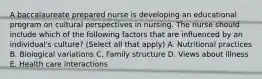 A baccalaureate prepared nurse is developing an educational program on cultural perspectives in nursing. The nurse should include which of the following factors that are influenced by an individual's culture? (Select all that apply) A. Nutritional practices B. Biological variations C. Family structure D. Views about illness E. Health care interactions