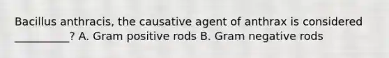 Bacillus anthracis, the causative agent of anthrax is considered __________? A. Gram positive rods B. Gram negative rods