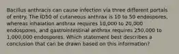 Bacillus anthracis can cause infection via three different portals of entry. The ID50 of cutaneous anthrax is 10 to 50 endospores, whereas inhalation anthrax requires 10,000 to 20,000 endospores, and gastrointestinal anthrax requires 250,000 to 1,000,000 endospores. Which statement best describes a conclusion that can be drawn based on this information?