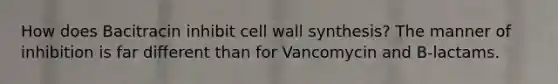 How does Bacitracin inhibit cell wall synthesis? The manner of inhibition is far different than for Vancomycin and B-lactams.