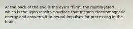 At the back of the eye is the eye's "film", the multilayered ___ which is the light-sensitive surface that records electromagnetic energy and converts it to neural impulses for processing in the brain.