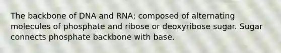 The backbone of DNA and RNA; composed of alternating molecules of phosphate and ribose or deoxyribose sugar. Sugar connects phosphate backbone with base.