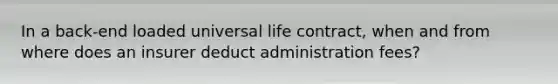 In a back-end loaded universal life contract, when and from where does an insurer deduct administration fees?