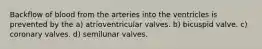 Backflow of blood from the arteries into the ventricles is prevented by the a) atrioventricular valves. b) bicuspid valve. c) coronary valves. d) semilunar valves.