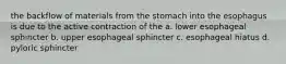 the backflow of materials from the stomach into the esophagus is due to the active contraction of the a. lower esophageal sphincter b. upper esophageal sphincter c. esophageal hiatus d. pyloric sphincter