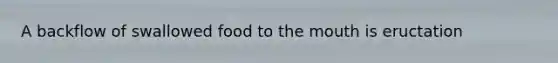 A backflow of swallowed food to <a href='https://www.questionai.com/knowledge/krBoWYDU6j-the-mouth' class='anchor-knowledge'>the mouth</a> is eructation