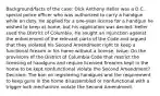 Background/facts of the case: Dick Anthony Heller was a D.C. special police officer who was authorized to carry a handgun while on duty. He applied for a one-year license for a handgun he wished to keep at home, but his application was denied. Heller sued the District of Columbia. He sought an injunction against the enforcement of the relevant parts of the Code and argued that they violated his Second Amendment right to keep a functional firearm in his home without a license. Issue: Do the provisions of the District of Columbia Code that restrict the licensing of handguns and require licensed firearms kept in the home to be kept nonfunctional violate the Second Amendment? Decision: The ban on registering handguns and the requirement to keep guns in the home disassembled or nonfunctional with a trigger lock mechanism violate the Second Amendment.