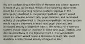 You are backpacking in the hills of Montana and a bear appears in front of you on the trail. Which of the following statements would be true regarding nervous system response in this emergency situation? a. the parasympathetic system would cause an increase in heart rate, pupil dialation, and decreased activity of digestive tract b. the parasympathetic nervous system would cause a decrease in heart rate, pupil dialation, and increased activity of digestive tract c. the sympathetic nervous system would cause an increase in heart rate, pupil dilation, and decreased activity of the digestive tract d. the sympathetic nervous system would cause a decrease in heart rate, pupil dialation, and increased activity of digestive tract