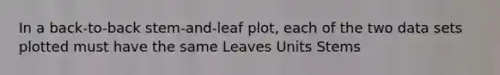 In a back-to-back stem-and-leaf plot, each of the two data sets plotted must have the same Leaves Units Stems