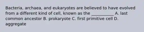 Bacteria, archaea, and eukaryotes are believed to have evolved from a different kind of cell, known as the ___________ A. last common ancestor B. prokaryote C. first primitive cell D. aggregate