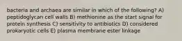 bacteria and archaea are similar in which of the following? A) peptidoglycan cell walls B) methionine as the start signal for protein synthesis C) sensitivity to antibiotics D) considered prokaryotic cells E) plasma membrane ester linkage