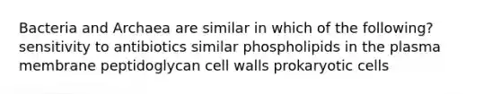 Bacteria and Archaea are similar in which of the following? sensitivity to antibiotics similar phospholipids in the plasma membrane peptidoglycan cell walls prokaryotic cells