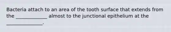 Bacteria attach to an area of the tooth surface that extends from the _____________ almost to the junctional epithelium at the _______________.