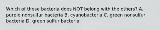 Which of these bacteria does NOT belong with the others? A. purple nonsulfur bacteria B. cyanobacteria C. green nonsulfur bacteria D. green sulfur bacteria