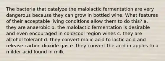 The bacteria that catalyze the malolactic fermentation are very dangerous because they can grow in bottled wine. What features of their acceptable living conditions allow them to do this? a. they are anaerobic b. the malolactic fermentation is desirable and even encouraged in cold/cool region wines c. they are alcohol tolerant d. they convert malic acid to lactic acid and release carbon dioxide gas e. they convert the acid in apples to a milder acid found in milk