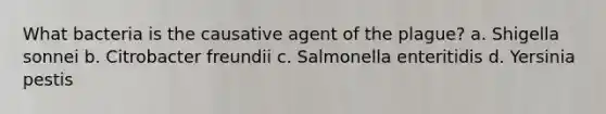 What bacteria is the causative agent of the plague? a. Shigella sonnei b. Citrobacter freundii c. Salmonella enteritidis d. Yersinia pestis