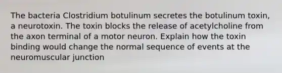 The bacteria Clostridium botulinum secretes the botulinum toxin, a neurotoxin. The toxin blocks the release of acetylcholine from the axon terminal of a motor neuron. Explain how the toxin binding would change the normal sequence of events at the neuromuscular junction