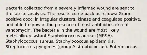 Bacteria collected from a severely inflamed wound are sent to the lab for analysis. The results come back as follows: Gram-positive cocci in irregular clusters, kinase and coagulase positive, and able to grow in the presence of most antibiotics except vancomycin. The bacteria in the wound are most likely methicillin-resistant Staphylococcus aureus (MRSA). Staphylococcus aureus. Staphylococcus epidermidis. Streptococcus pyogenes (group A streptococcus). Enterococcus.