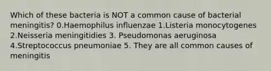 Which of these bacteria is NOT a common cause of bacterial meningitis? 0.Haemophilus influenzae 1.Listeria monocytogenes 2.Neisseria meningitidies 3. Pseudomonas aeruginosa 4.Streptococcus pneumoniae 5. They are all common causes of meningitis