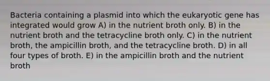 Bacteria containing a plasmid into which the eukaryotic gene has integrated would grow A) in the nutrient broth only. B) in the nutrient broth and the tetracycline broth only. C) in the nutrient broth, the ampicillin broth, and the tetracycline broth. D) in all four types of broth. E) in the ampicillin broth and the nutrient broth