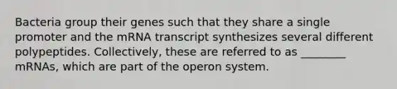 Bacteria group their genes such that they share a single promoter and the mRNA transcript synthesizes several different polypeptides. Collectively, these are referred to as ________ mRNAs, which are part of the operon system.