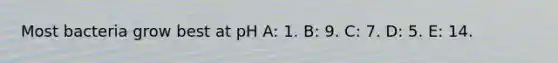 Most bacteria grow best at pH A: 1. B: 9. C: 7. D: 5. E: 14.
