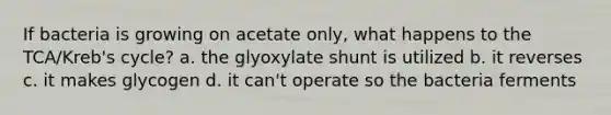 If bacteria is growing on acetate only, what happens to the TCA/Kreb's cycle? a. the glyoxylate shunt is utilized b. it reverses c. it makes glycogen d. it can't operate so the bacteria ferments