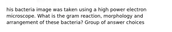 his bacteria image was taken using a high power electron microscope. What is the gram reaction, morphology and arrangement of these bacteria? Group of answer choices