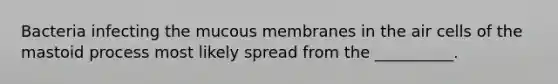Bacteria infecting the mucous membranes in the air cells of the mastoid process most likely spread from the __________.