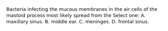 Bacteria infecting the mucous membranes in the air cells of the mastoid process most likely spread from the Select one: A. maxillary sinus. B. middle ear. C. meninges. D. frontal sinus.