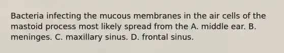 Bacteria infecting the mucous membranes in the air cells of the mastoid process most likely spread from the A. middle ear. B. meninges. C. maxillary sinus. D. frontal sinus.