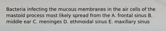 Bacteria infecting the mucous membranes in the air cells of the mastoid process most likely spread from the A. frontal sinus B. middle ear C. meninges D. ethmoidal sinus E. maxillary sinus