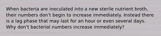 When bacteria are inoculated into a new sterile nutrient broth, their numbers don't begin to increase immediately. Instead there is a lag phase that may last for an hour or even several days. Why don't bacterial numbers increase immediately?