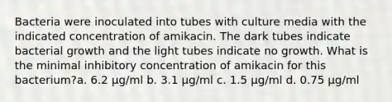 Bacteria were inoculated into tubes with culture media with the indicated concentration of amikacin. The dark tubes indicate bacterial growth and the light tubes indicate no growth. What is the minimal inhibitory concentration of amikacin for this bacterium?a. 6.2 μg/ml b. 3.1 μg/ml c. 1.5 μg/ml d. 0.75 μg/ml