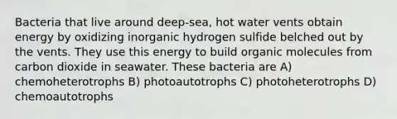 Bacteria that live around deep-sea, hot water vents obtain energy by oxidizing inorganic hydrogen sulfide belched out by the vents. They use this energy to build <a href='https://www.questionai.com/knowledge/kjUwUacPFG-organic-molecules' class='anchor-knowledge'>organic molecules</a> from carbon dioxide in seawater. These bacteria are A) chemoheterotrophs B) photoautotrophs C) photoheterotrophs D) chemoautotrophs