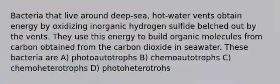 Bacteria that live around deep-sea, hot-water vents obtain energy by oxidizing inorganic hydrogen sulfide belched out by the vents. They use this energy to build <a href='https://www.questionai.com/knowledge/kjUwUacPFG-organic-molecules' class='anchor-knowledge'>organic molecules</a> from carbon obtained from the carbon dioxide in seawater. These bacteria are A) photoautotrophs B) chemoautotrophs C) chemoheterotrophs D) photoheterotrohs