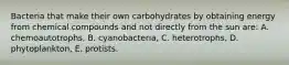 Bacteria that make their own carbohydrates by obtaining energy from chemical compounds and not directly from the sun are: A. chemoautotrophs, B. cyanobacteria, C. heterotrophs, D. phytoplankton, E. protists.