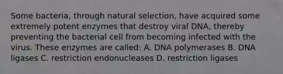 Some bacteria, through natural selection, have acquired some extremely potent enzymes that destroy viral DNA, thereby preventing the bacterial cell from becoming infected with the virus. These enzymes are called: A. DNA polymerases B. DNA ligases C. restriction endonucleases D. restriction ligases