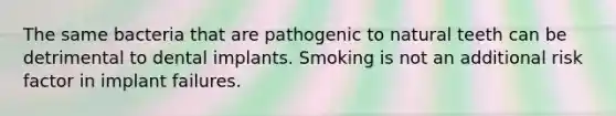 The same bacteria that are pathogenic to natural teeth can be detrimental to dental implants. Smoking is not an additional risk factor in implant failures.