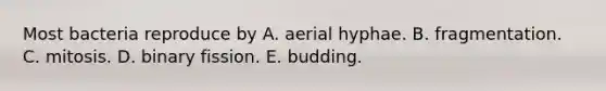 Most bacteria reproduce by A. aerial hyphae. B. fragmentation. C. mitosis. D. binary fission. E. budding.