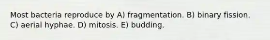 Most bacteria reproduce by A) fragmentation. B) binary fission. C) aerial hyphae. D) mitosis. E) budding.