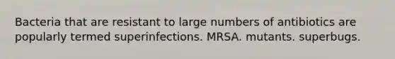 Bacteria that are resistant to large numbers of antibiotics are popularly termed superinfections. MRSA. mutants. superbugs.