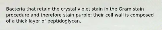 Bacteria that retain the crystal violet stain in the Gram stain procedure and therefore stain purple; their cell wall is composed of a thick layer of peptidoglycan.