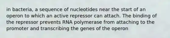 in bacteria, a sequence of nucleotides near the start of an operon to which an active repressor can attach. The binding of the repressor prevents RNA polymerase from attaching to the promoter and transcribing the genes of the operon